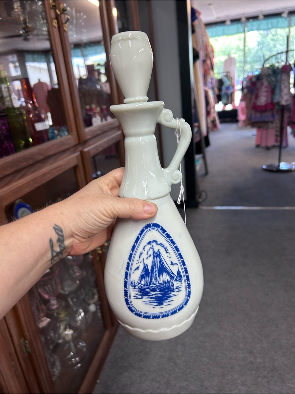 White Ceramic Cruet with Blue Sailboat Motif